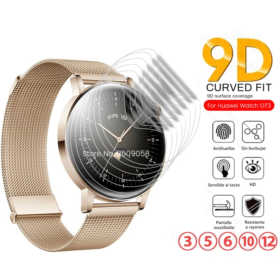 Film hydrogel incurvé 9D pour Huawei Watch, protecteur d\'écran Smartwatch, pas de verre sur 93wei GT3, 46mm, 42mm, 46mm, 3-12 pièces