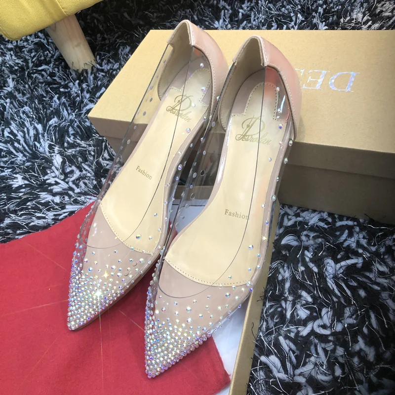 New Spring Flat Shoes Woman Shoes PVC transparent Pumps Shallow lighter Crystal Shoes Diamond pointed Hidden Heel Wedding shoes