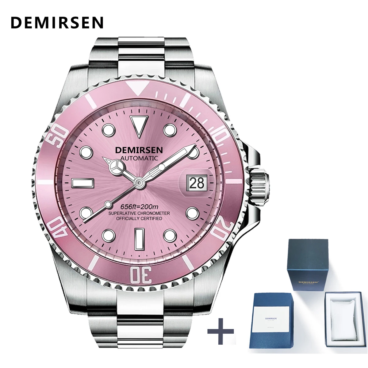 Demirsen Luxury Brand Dress Automatic Watch Business Pink Stainless Steel Waterproof Sapphire Glass Luminous Sports Wristwatch