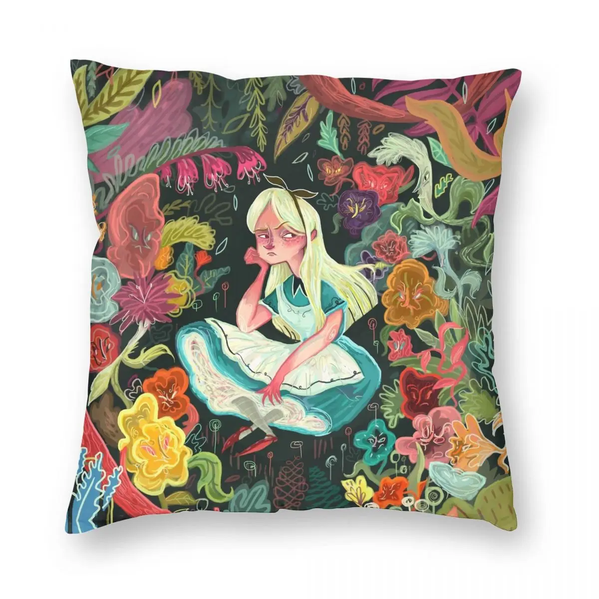 Alice In Wonder Square Pillowcase Polyester Linen Velvet Pattern Zip Decor Throw Pillow Case Sofa Seater Cushion Cover