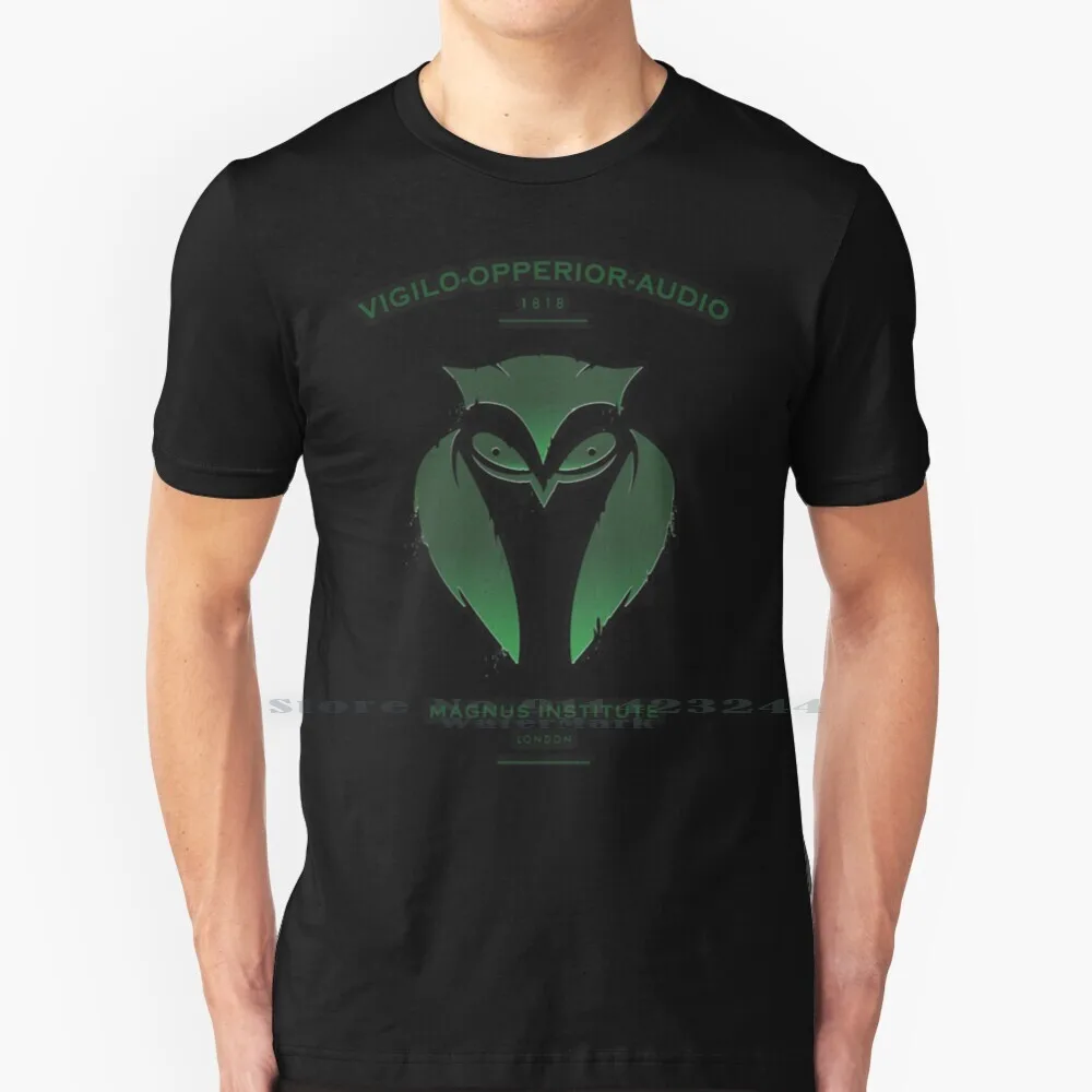 Vigilo Operior 100% Cotton T Shirt Podcast Horror Dark Owl Green Shield Emblem Coat Of Arms Plaque Academic Spooky Death Fear