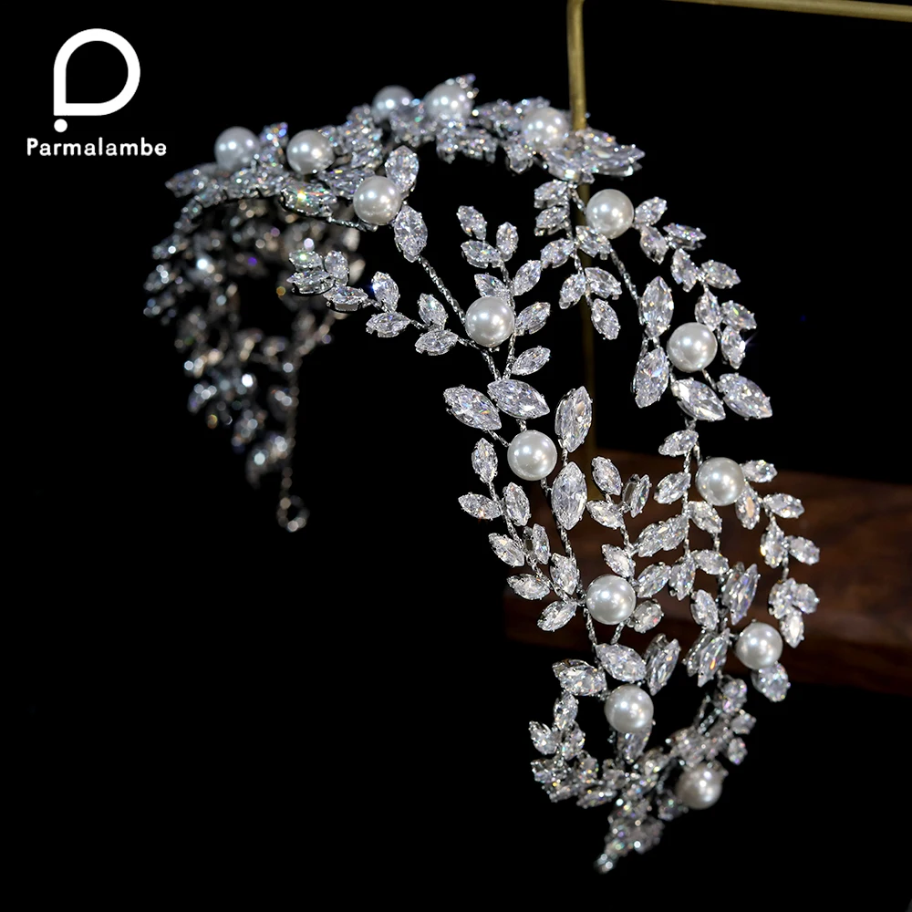 Women Wedding Hair Accessories Fashion Pearl Crystal Headband Bridal Hair Tiaras Cubic Zircon Headdress Leaf Soft Hair Band