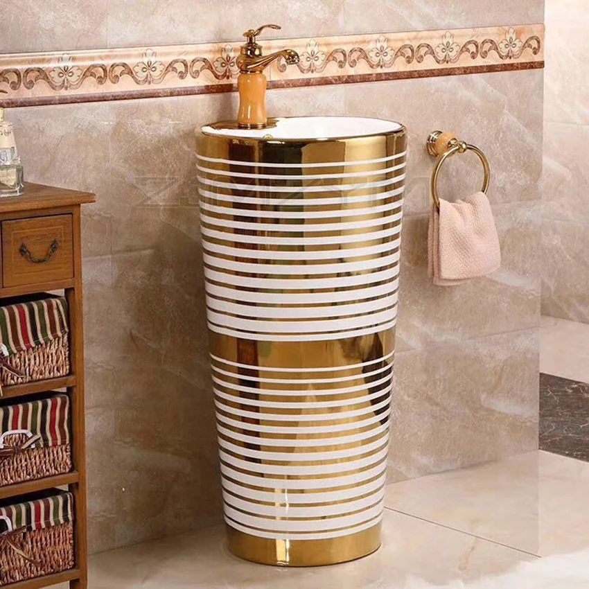 

Gold Modern Stylish Round Pedestal Sink Ceramic Bathroom Sink With Stand Pedestal Wash Basin 400*400*850mm