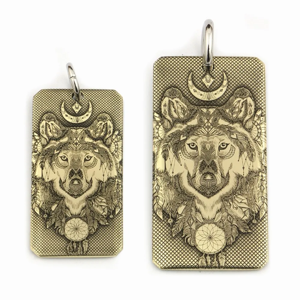 High Detail 2 sides Laser Deep Engraved Brass Indian Wolf Pendant Biker Rock Punk Style 9X031B Steel Necklace 24 inches