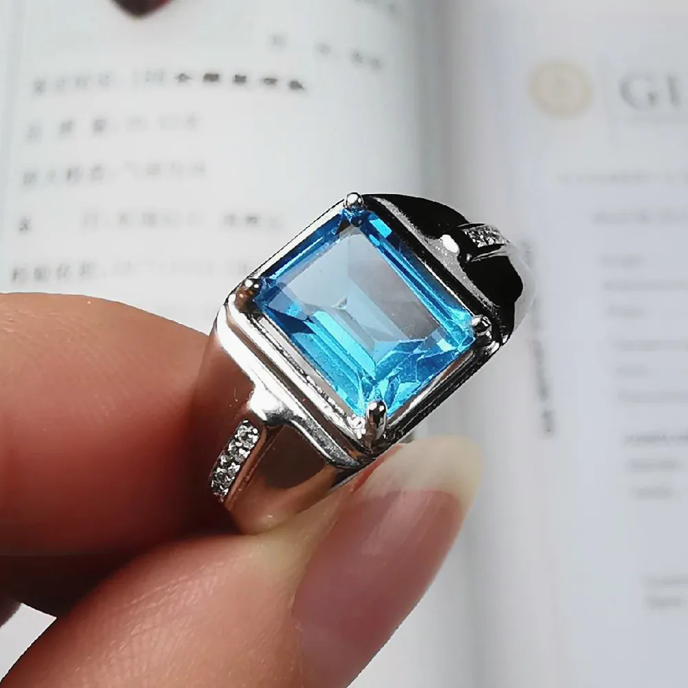 Fashion Square Blue Crystal Topaz Gemstones Diamonds Men\'s Finger Rings White Gold Silver Color Jewelry Cool Accessories Gifts