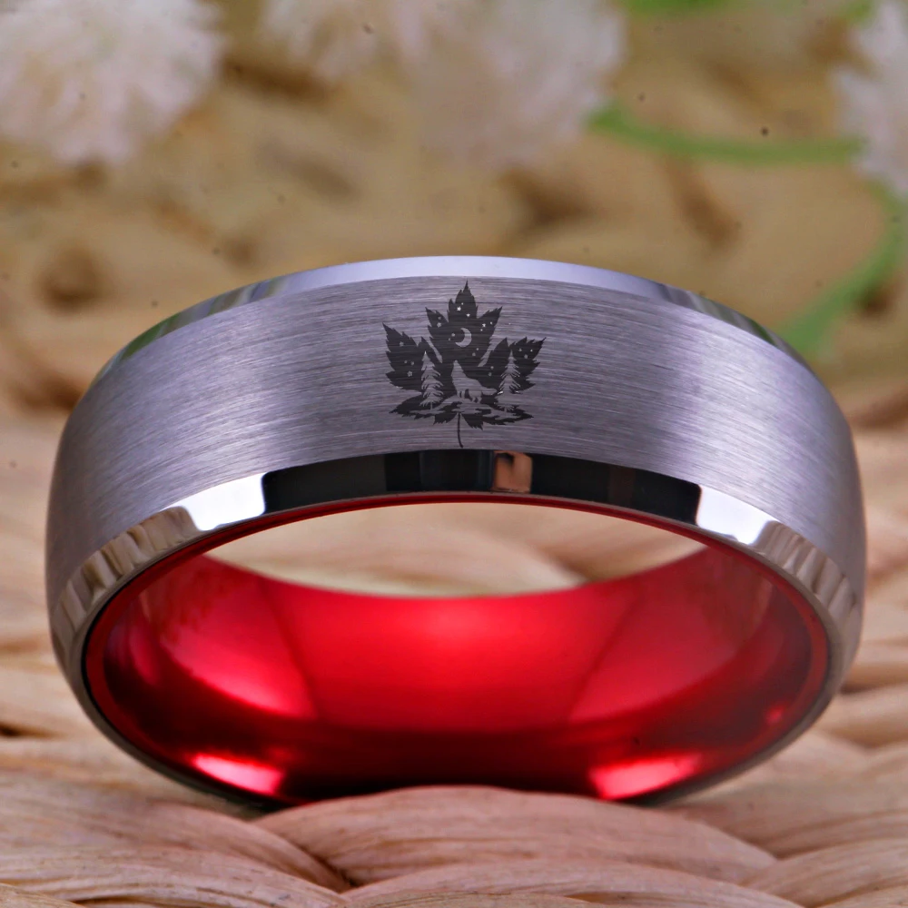 Canadian Maple Leaf Howling Wolf Fall Night Ring Red Plated Ring 8mm Tungsten Ring Matte Finished Wedding Anniversary Rings