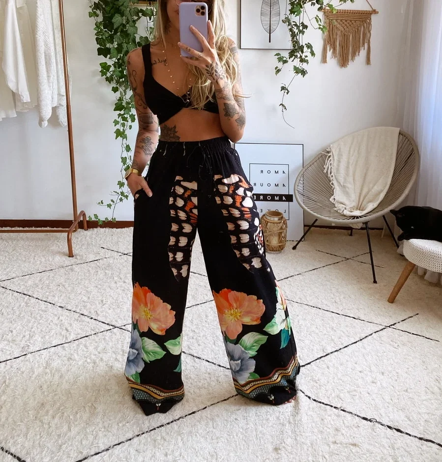 Conjunto de roupa íntima feminina, duas peças, moda praia, estilo boho, estampa, roupa íntima, calças de pernas largas, com estampa floral, conjuntos de agasalho de verão 2021