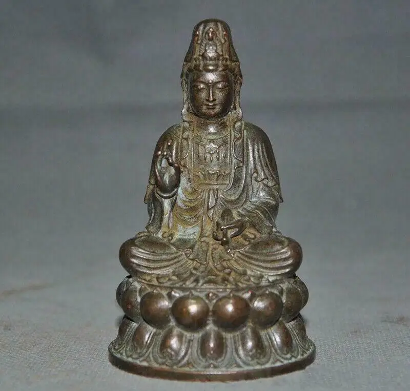 Old Chinese Buddhism Bronze Kwan-Yin Guanyin Bodhisattva Goddess Buddha Statue Antiquity Religious Artwork Collectible
