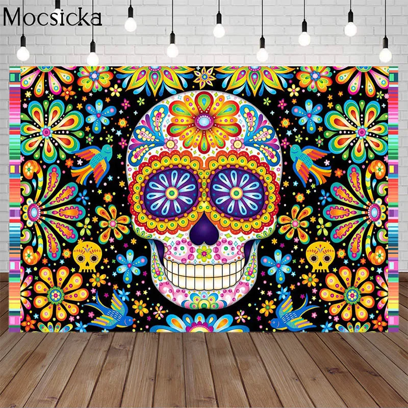 

Day Of The Dead Backdrop For Mexican Fiesta Sugar Skull Painted Flowers Photography Background Dia De Los Muertos Birthday Party