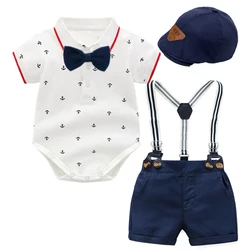 Newborn Baby Boy Clothes Suit with Hat Short Sleeves Boys Romper Outfits Cotton Set Printed Infant Kids Summer Clothing