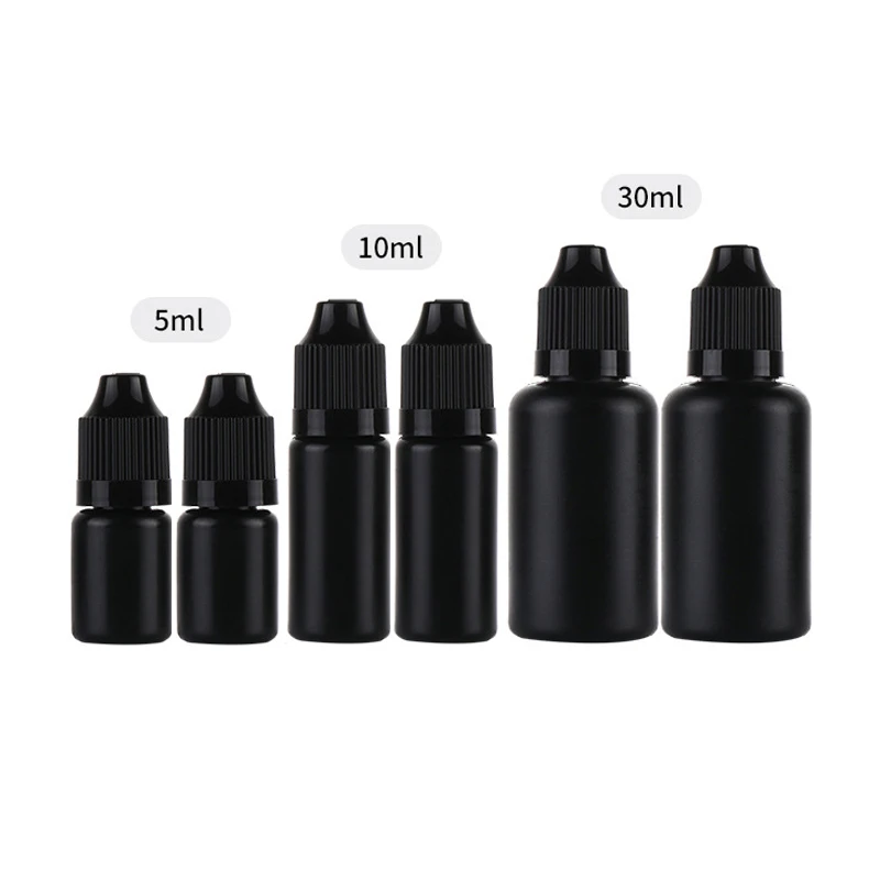 50pcs 5ML 10ML 15ML 30ML Black PE E Liquid Bottle Easy to Squeeze Plastic Dropper Vials With Childproof Caps And Long Thin Tips