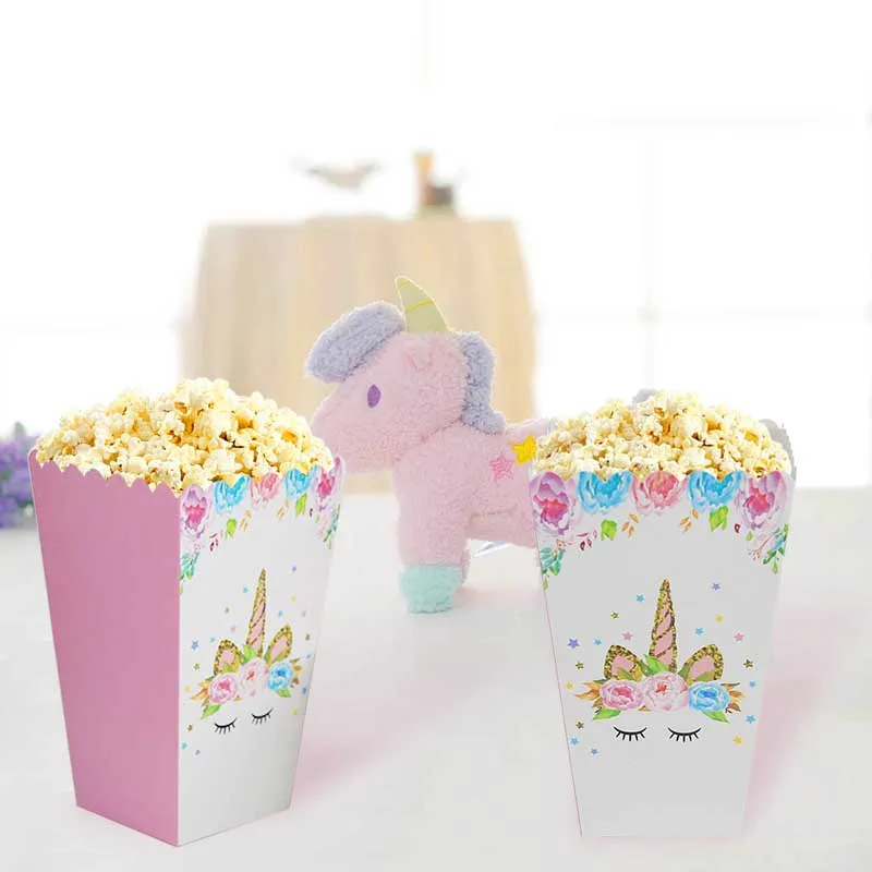 Caja de palomitas de maíz para fiesta de cumpleaños de unicornio, cajas de papel de cola de sirena, bolsa de galletas de caramelo, 1er, regalo de