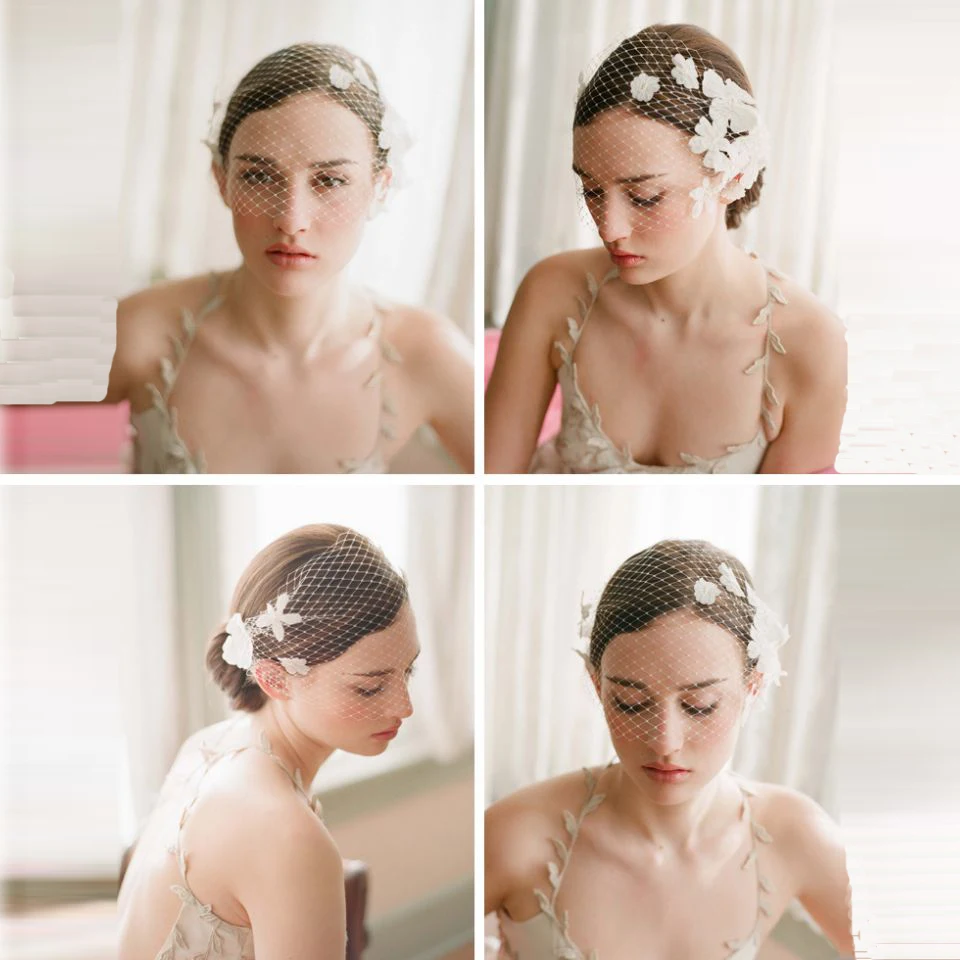 ลูกไม้ปัก Bandeau Birdcage Veil Wedding Blusher สั้น Birdcage Veil เจ้าสาวเจ้าสาว Veils งานแต่งงาน Birdcage Veil เจ้าสาว