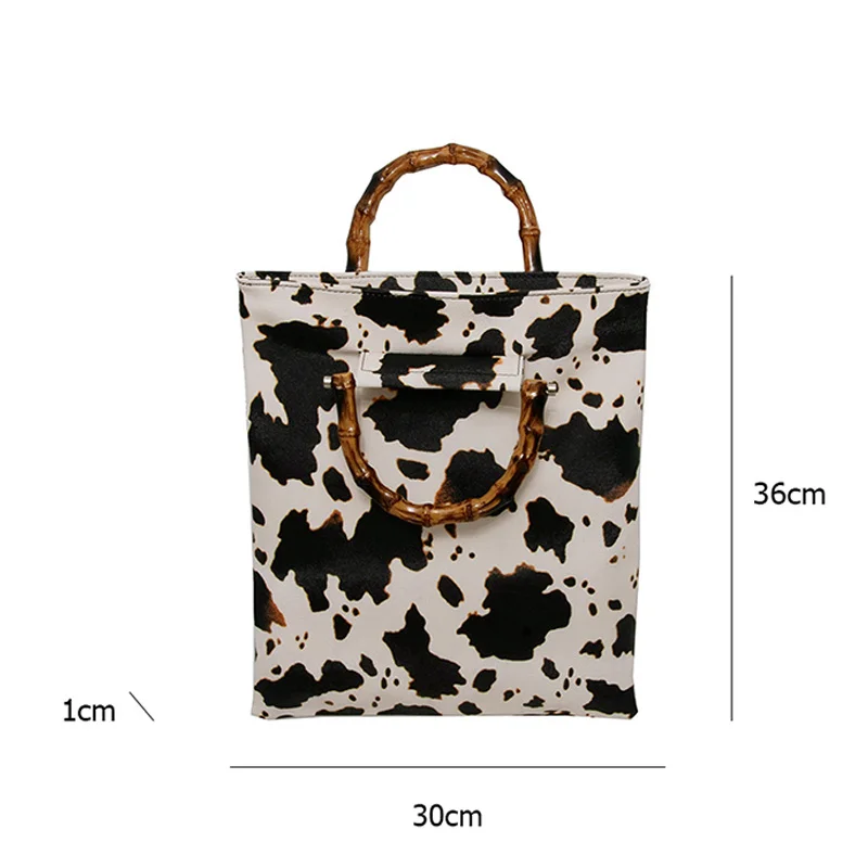 Women Fashion Trend Retro Design Cow Pattern Natural Bamboo Handle Handbag Large Capacity PU Female Bucket Bag Casual Tote Purse