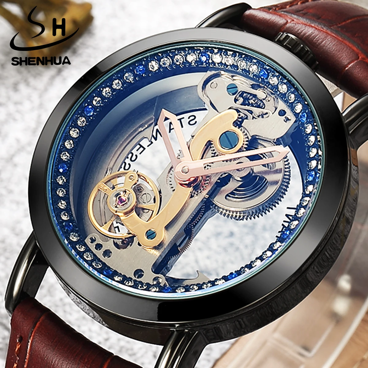 

SHENHUA Transparent Blue Glass Luxury Genuine Leather Waterproof Automatic Self Wind Shiny Diamond Skeleton Mechanical Watch