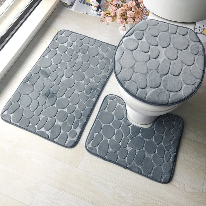 3D Embossed Bathroom Carpet Set, Bathroom Floor Rug, Flannel Toilet Mat with Lid Cover, Non-Slip U-shape Bath Mat Set, 3 Pcs