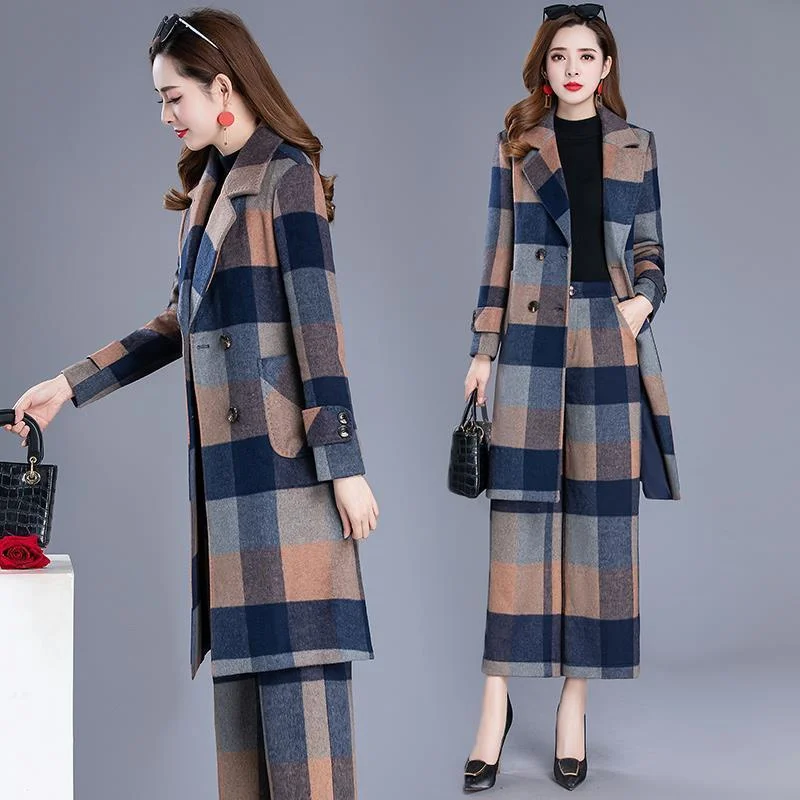 Single/Suit 2024 Women Autumn Winter New Mature Temperament Woolen Plaid Jacket Female Wide Leg Pants Fashionable Two-piece A712