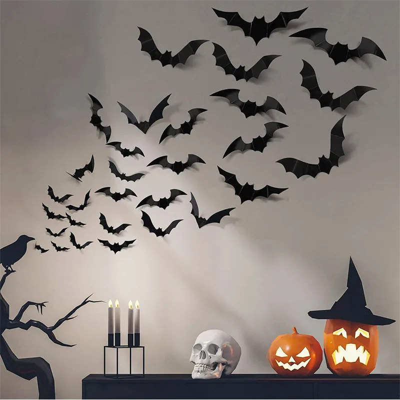 Halloween Sticker Decoration 3D Black Bat Spider Ghost Halloween Party Diy Bar Room Decor Party Scary Props Wall Sticker