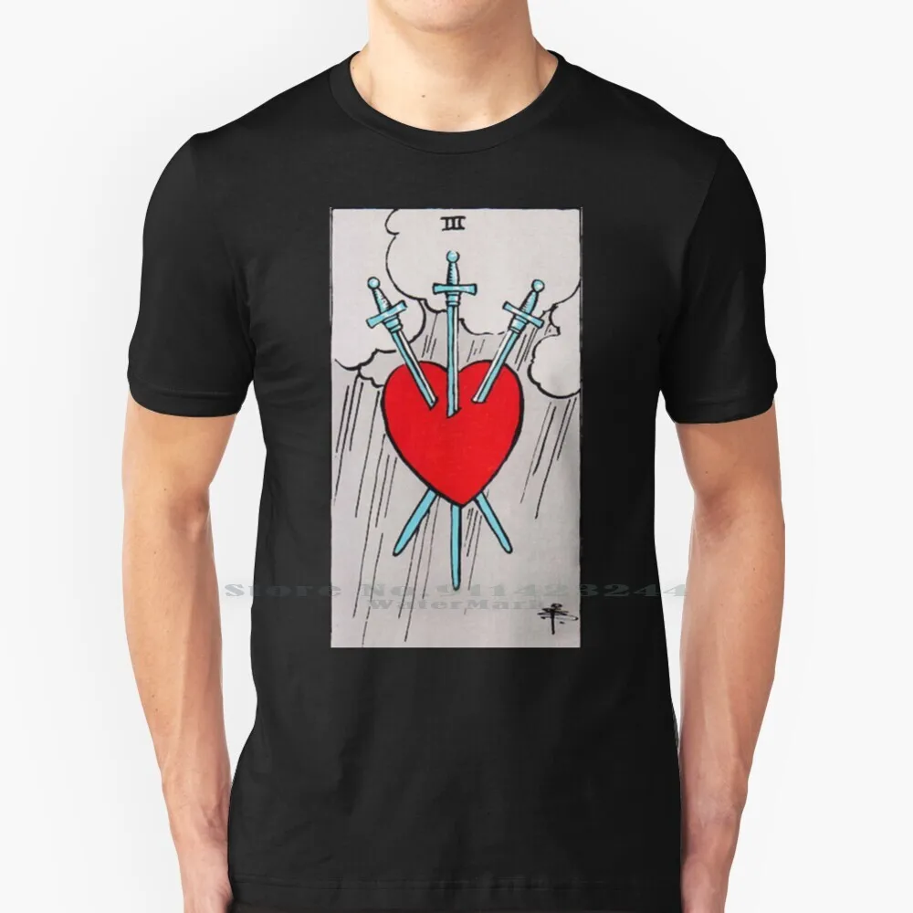 Three Of Swords Tarot 100% Cotton T Shirt Tarot Rider Waite Heart Red Gray Psychic Wicca Pagan Divination Yoga Gypsy Boho New