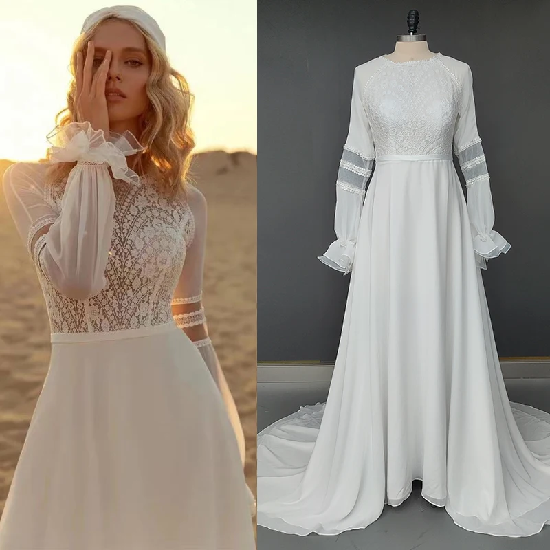 Ruffled Long Sleeves Chiffon Round Neck Wedding Dress Lace Customized Romantic A Line Sheer Back Buttons Rustic Bridal Gowns