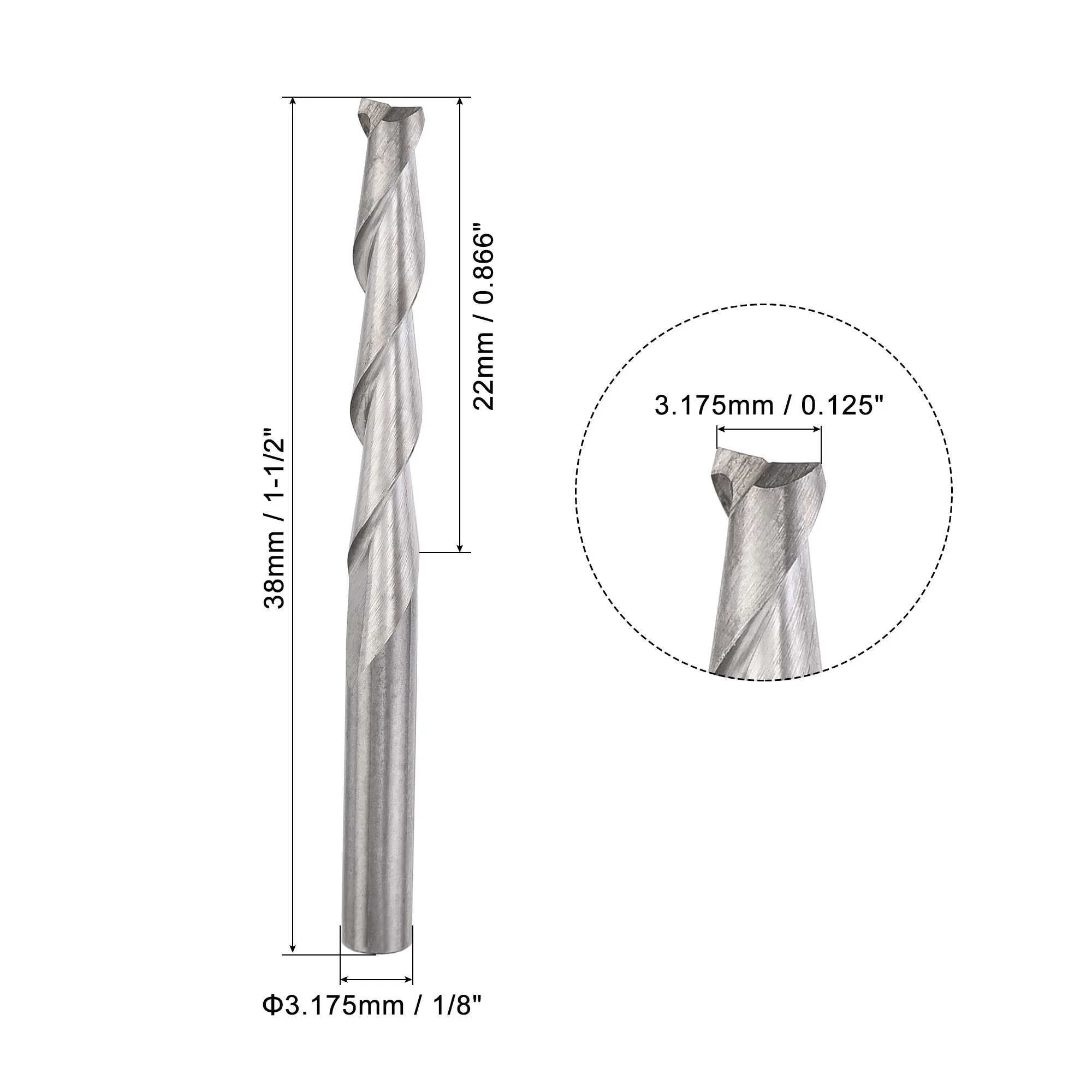 Uxcell 2pcs CNC Spiral Router Bits 1/8" 3.175mm Shank, 3.175mm x 22mm Upcut Solid Carbide End Mill 2 Flute Milling Cutter