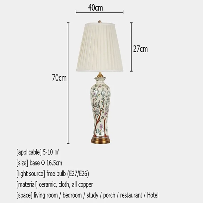 OURFENG Luxury Table Lamp Ceramic Hand Printed Copper Desk Light Fabric LED Decor for Home Foyer Dining Room Bed Room Office