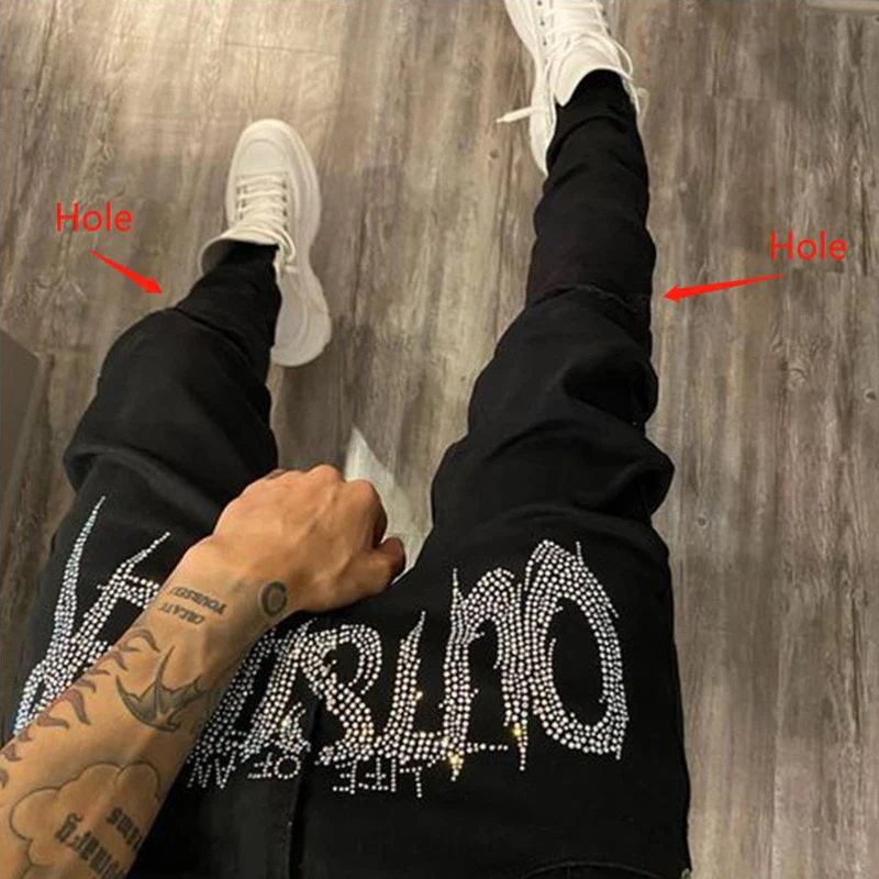 Men\'s Black Jeans Trend Jogger Hip Hop All-match Street Comfortable Skinny Destroyed Stretch Rhinestones Small Feet Denim Pants