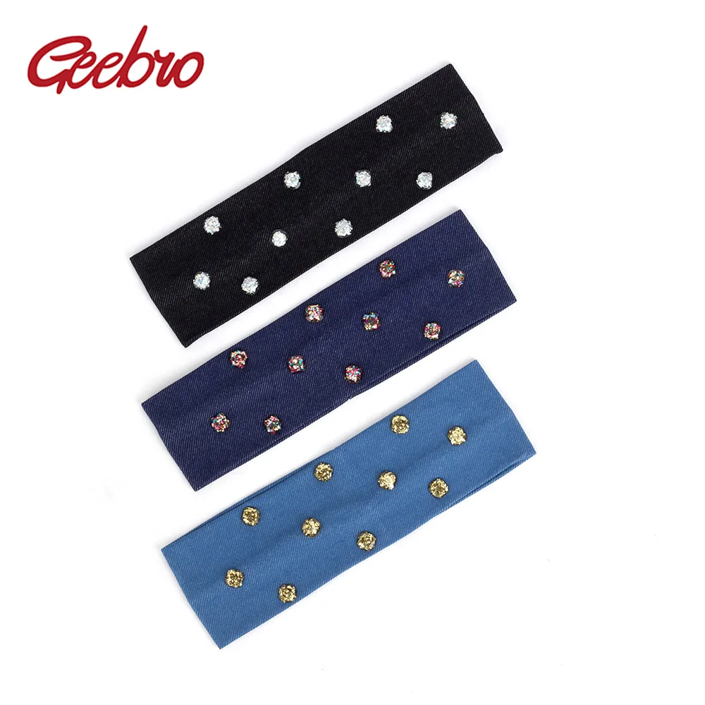 Geebro Women Resin Sequin Fashion Headband Girl With Rhinestones Hairband Female Denim Flat Elastic Headwear Hair Accessories