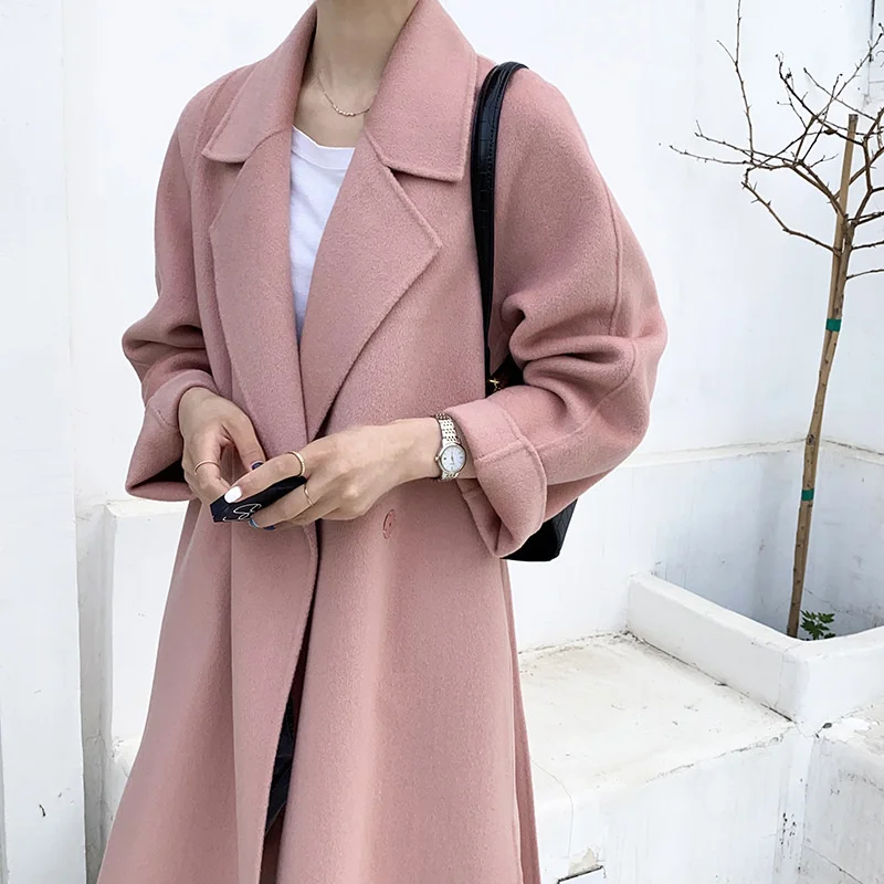 Mùa Xuân Năm 2021 Nữ Đôi Áo Khoác Len Cổ Gập Áo Len Dáng Dài Màu Hồng Nữ Cashmere Phối Casaco Feminino