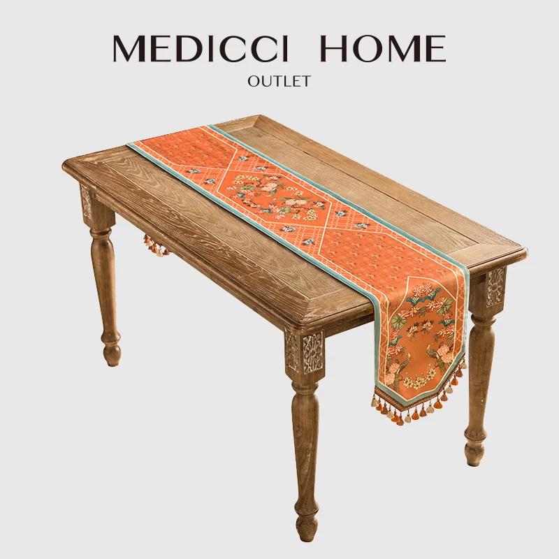 Medicci Home European Style Table Runner Hydrangea Flower Birds Print Retro Orange Velvet Table Cloth Romantic Dining Room Decor