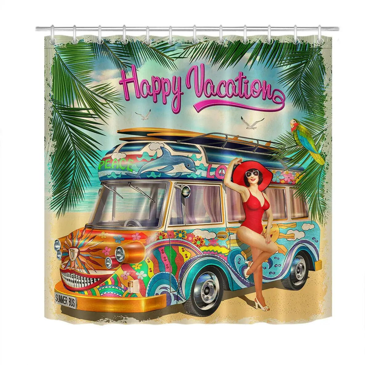 Summer Holidays Retro Bus and Pin-up Girl Waterproof Fabric Shower Curtain