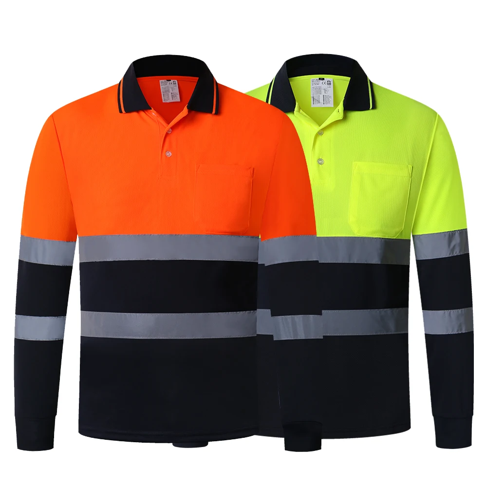 

High Visibility Long Sleeve Shirt Two Tone Yellow Navy Safety Polo Shirt With Reflective Stripes Hi Vis Construction Workwear