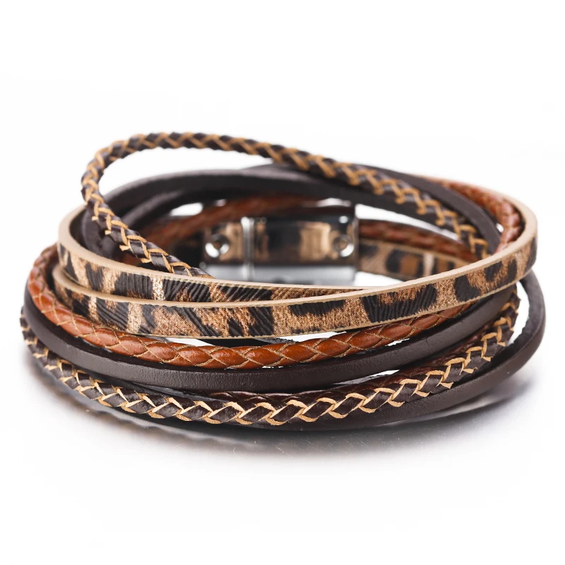 Amorcome-Bracelet rond en cuir tressé pour femme, imprimé léopard, manchette multicouche, bijoux Boho magnétiques