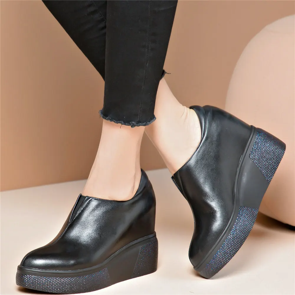 Platform Pumps Shoes Women Genuine Leather Chunky High Heels Ankle Boots Female Round Toe Wedges Fashion Sneakers Casual Shoes