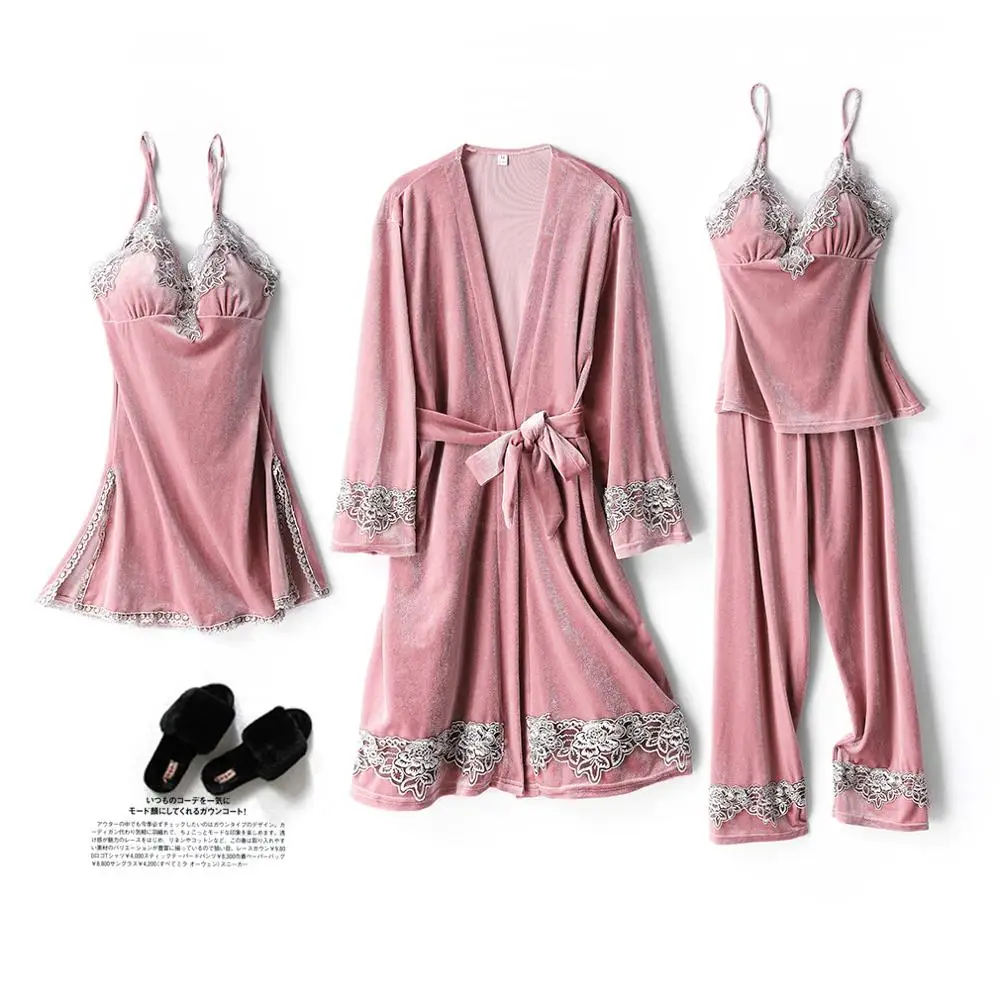 Pajamas Autumn Winter Long-Sleeved Four-Piece Set Lace Sexy Golden Velvet Pajamas Can Wear Outside The Chest Cushion Home Wear