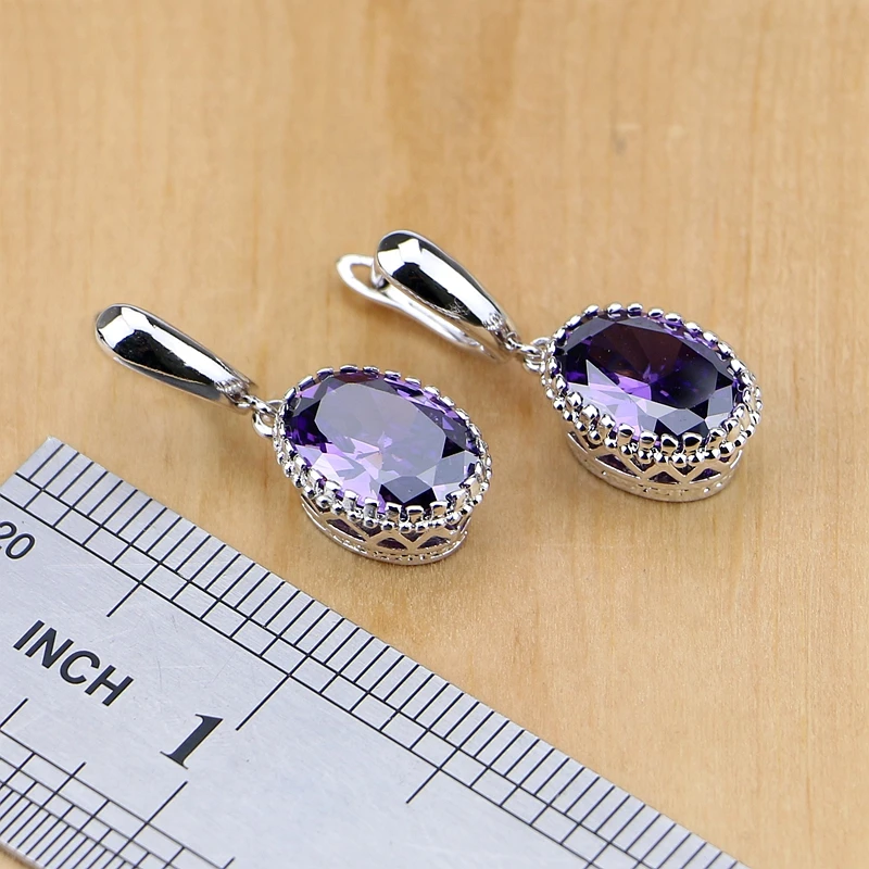 Natural 925 Silver Jewelry Purple Cubic Zirconia White Crystal Jewelry Sets  Women Earrings/Pendant/Necklace/Rings/Bracelet