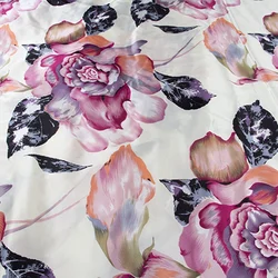 1 meter 100% Mulberry Silk 16mm Printed satin Silk Fabric Big Purple Floral 44