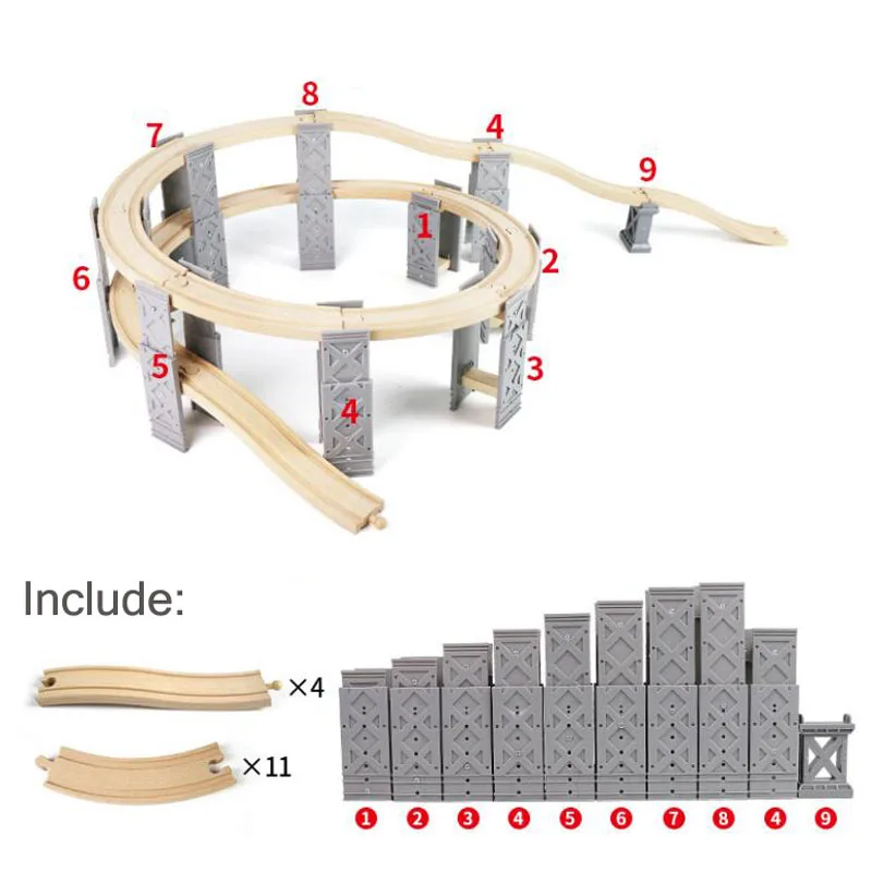 9-26PCS Plastic Spiral Train Tracks Wooden Railway Accessories Track Bridge Pier Fit Wooden Thomas Biro Tracks Toys for Kids