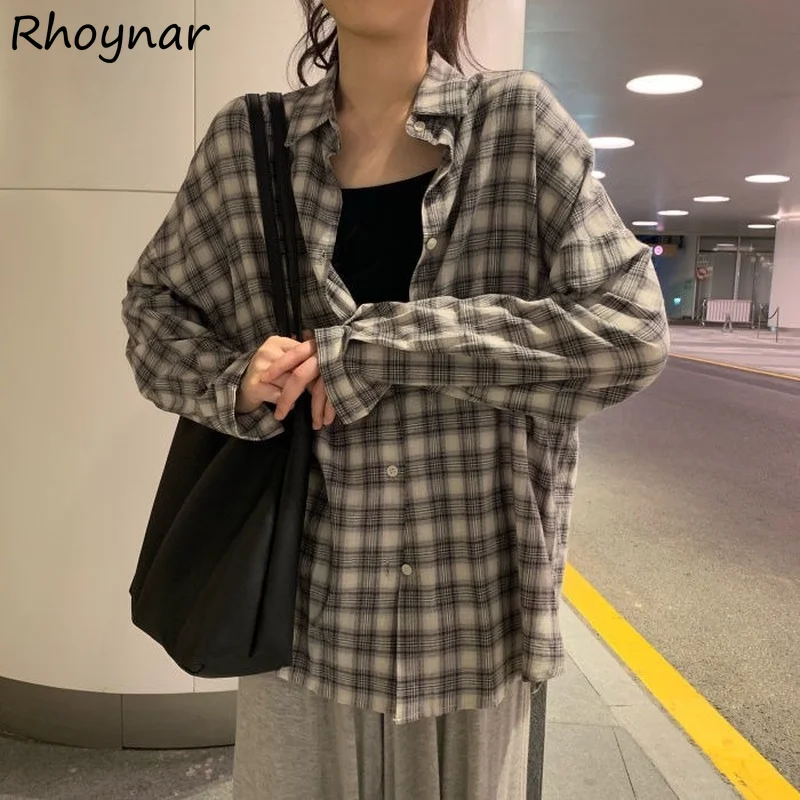 Plaid Shirts Women Vintage Leisure Single Breasted All-match Baggy Elegant Simple BF Trendy Female Soft Streetwear Students New