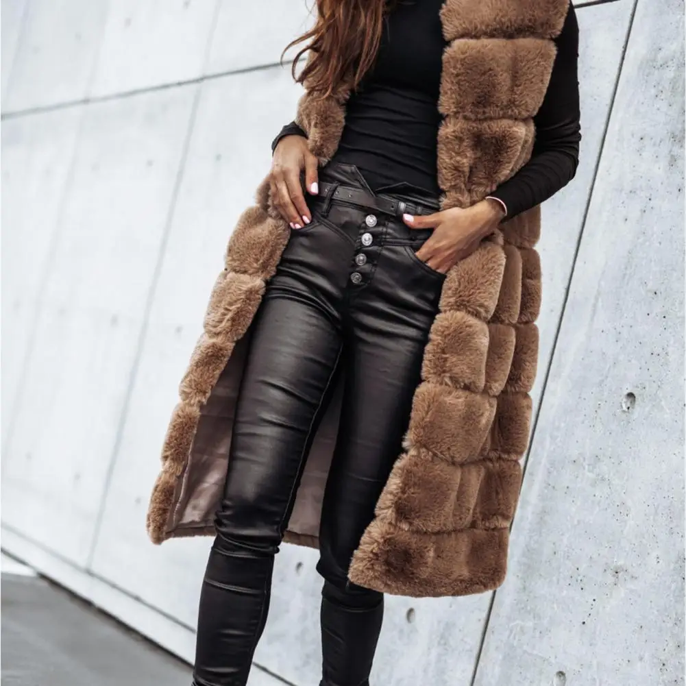 2021 frauen Weste Mantel Faux Pelz Horizontale Streifen Öffnen Stich Lange Winter Jacke Sleeveless Feste Rundhals Starke Oberbekleidung Täglichen