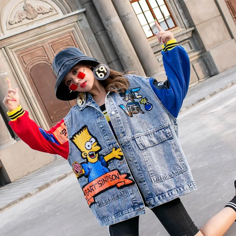 Jeans Jacket Outerwear Autumn Fashion Cartoon Sequin Print Long Sleeve Jackets Coat Loose Streetwear Female Denim Jacket Women