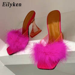 Eilyken Feather Transparent Strange High Heels Fur Slippers Sandals Women Peep Toe Mules Lady Pumps Slides Size 35-41