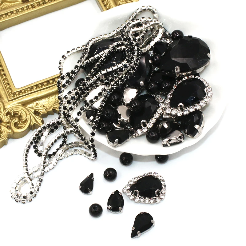 Handmade Accessories Black Teardrop Mix Size Glass Crystal Stones Pearl Beads Cup Chain Rim Rhinestones Sew On Clothing/Dress