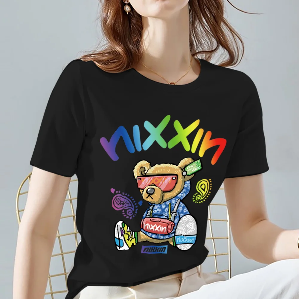 

Women T-shirt Summer Black All-match Printing Tee Kawaii Bear Pattern Series Female Tops O-neck Casual Lady Short Sleeve Clothes