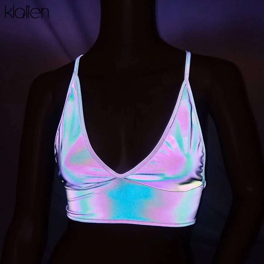 KLALIEN Fashion Colorful Reflective Deep V Neck Camis Women 2019 New Bright Sports Casual Slim Tanks Harajuku Bra Short Tops