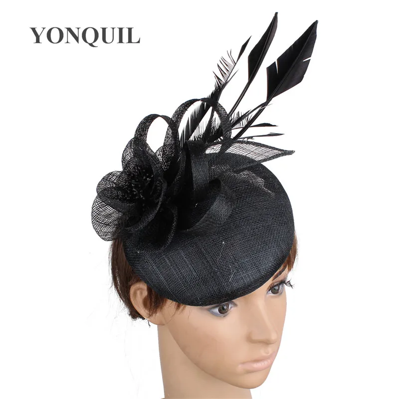 

High Quality Sinamay Fascinator Wedding Hats Women Fashion Party Dinner Banquet Race Fedora Cap Headband Feather Pillbox Cap