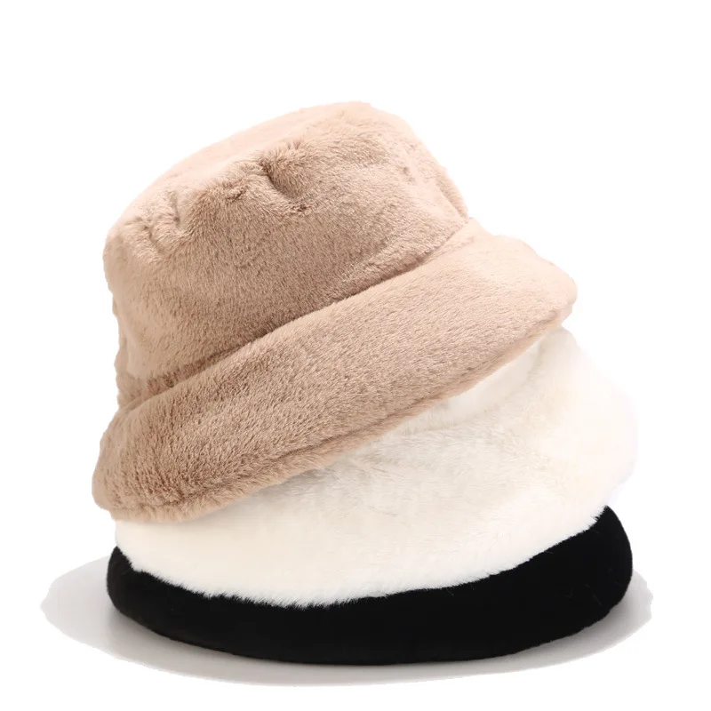 2021 New Korean Fisherman Hat Winter Faux Fur White Black Bucket Hat For Women Men Panama Fishing Cap Bob Chapeau