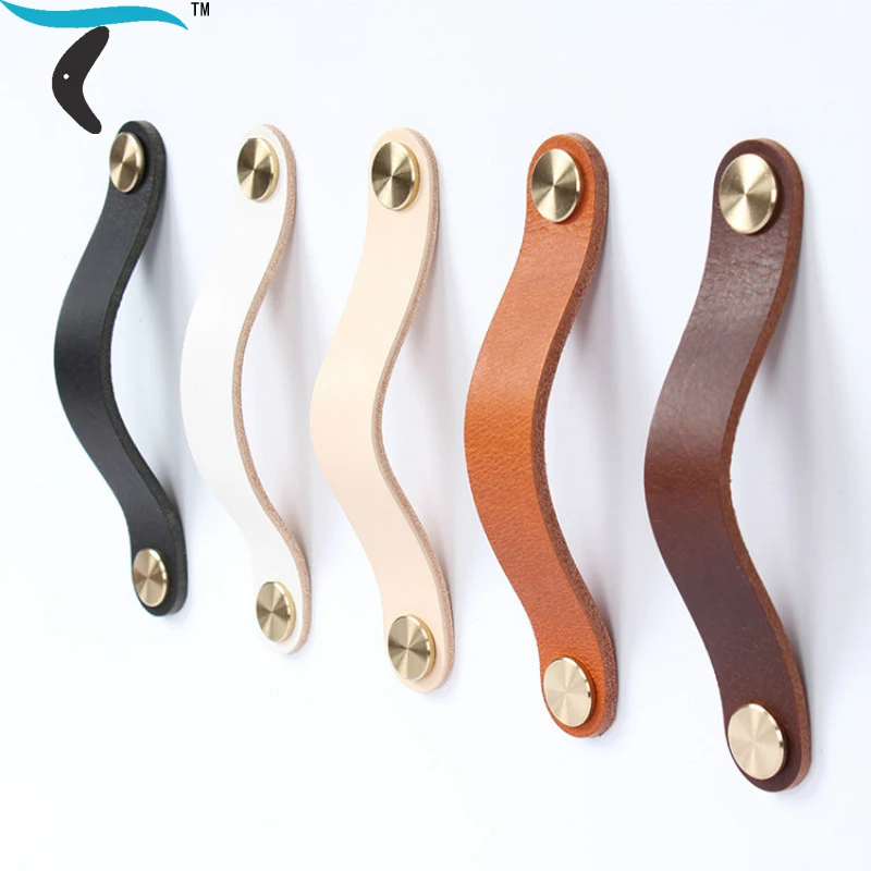 Thickened Quality Leather Furniture Handles Cupboard Kitchen Drawer Brass Cabinet Pulls Children Dresser Door Knobs Gold