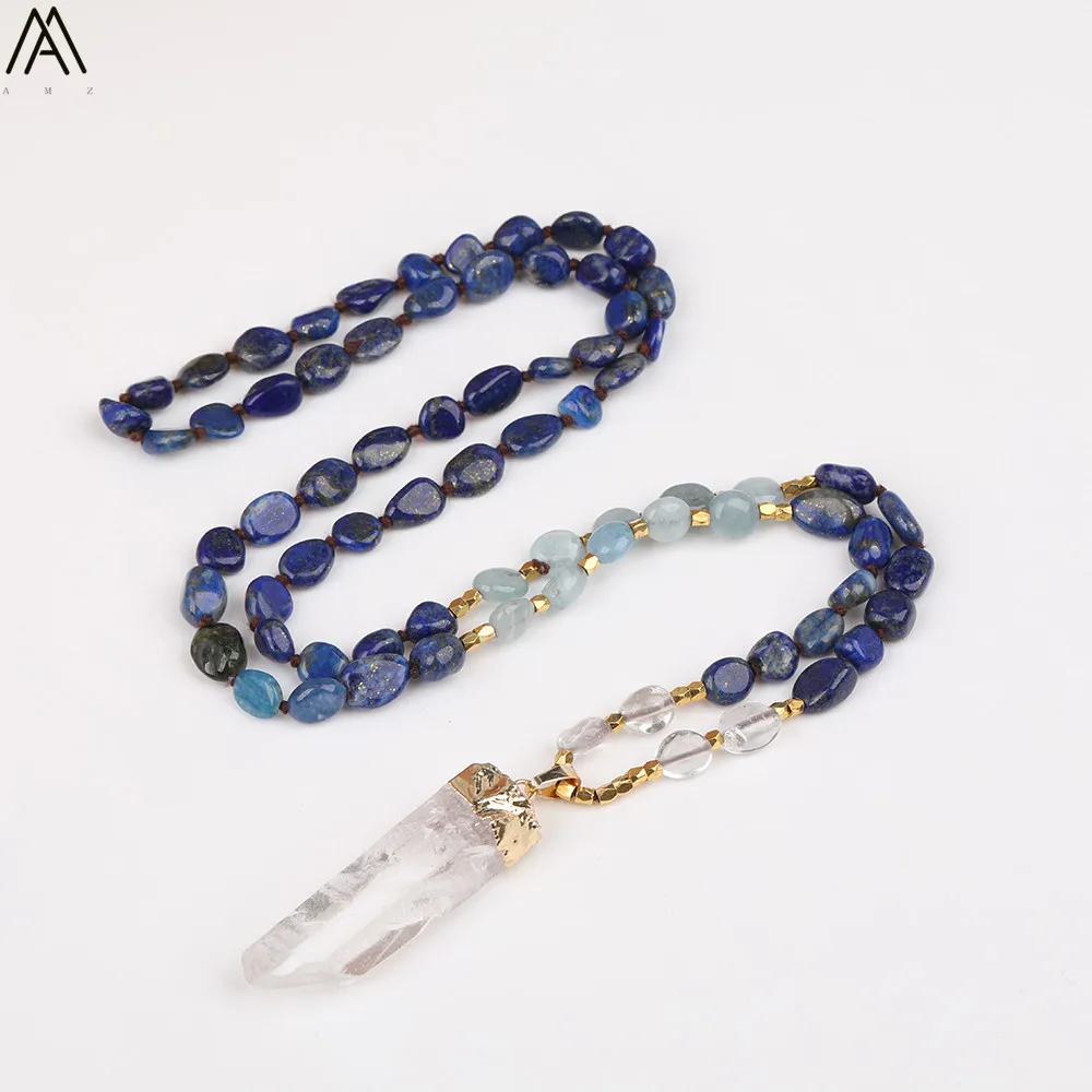 Natürliche Blau Apatit Nugget Chip Perlen Handmade Knot Halskette Frauen Weiß Quarz Punkt Perlen Yoga Halskette Lange 32 Zoll – Detail 11