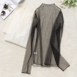 sexy sheer see through mesh top women transparent top shirt ladies turtleneck white t shirt women tshirt black women top femme